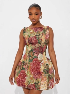 Robe sans manches à imprimé floral style peinture à l'huile, jacquard et taille cintrée