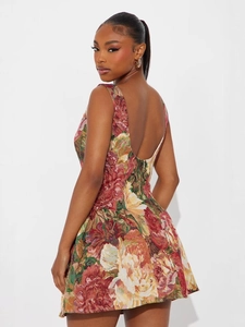 Robe sans manches à imprimé floral vintage avec dos nu en forme de U pour femme