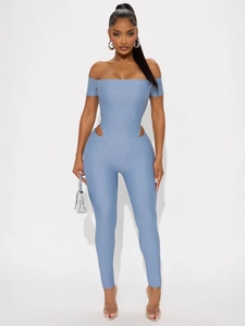 Sexy Off Shoulder Cut Out Jumpsuit Women Tight Short Sleeve Solid Bodycon Romper Streetwear One Piece Clubwear Long Pants