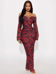 Robe Maxi À Épaules Dénudées Pour Femmes Imprimé Animal Abstrait Manches Longues Moulante De Fête Avec Boucles En Métal Doré