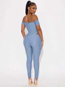 Light blue off-shoulder slim fit bodysuit with backless and waist cutout details