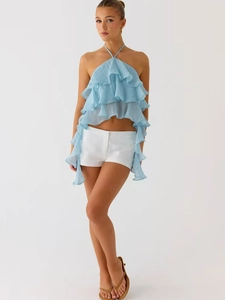 Top a fascia azzurro in chiffon con volant e design schiena scoperta per donna