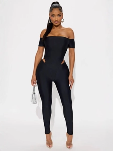 Women's black off-the-shoulder jumpsuit with chic side cutouts and a slim-fit silhouette