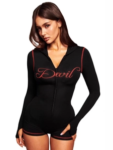 Slim fit black hooded romper with red Devil print and contrast stitching accents