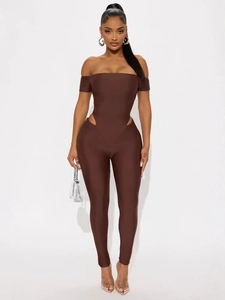 Brown off-the-shoulder jumpsuit with waist cutouts and sleek stretch fabric finish
