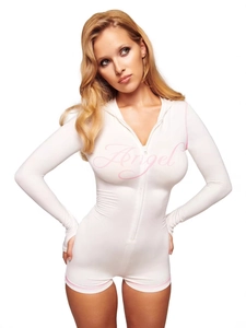 Slim fit white long sleeve hooded romper with pink Angel print and thumbhole cuffs