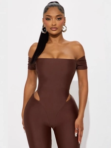 Brown off-shoulder cutout bodysuit featuring sleek elastic fabric and side waist details
