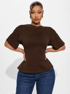 T-Shirt Décontracté pour Femmes Couleur Unie Col Rond Manches Courtes Avec Fermeture Éclair Dos Fente Mode Coupe Régulière