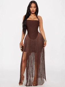 Women Sexy Halter Neck Tassel Dress Sparkly Bodycon Fringe Evening Party Dress Elegant Sleeveless Backless Maxi Dress