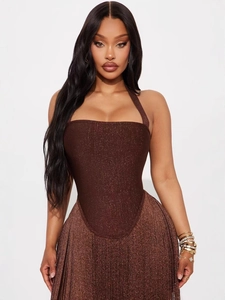 Women's autumn fashion sparkly halter corset top and tiered fringe maxi skirt set