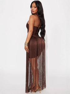 Brown metallic halter dress with long fringe trim and shimmer fabric for evening wear