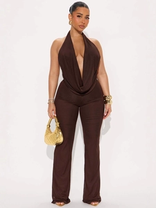 Sexy dark brown halter neck jumpsuit with deep V-neck and slim fit flared leg design