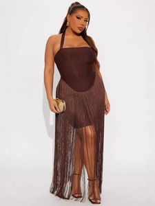 Brown halter neck shimmering party dress with long fringe tassels and a bodycon fit