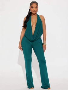 Deep V-neck backless halter jumpsuit in dark green with slim-fit long pants design