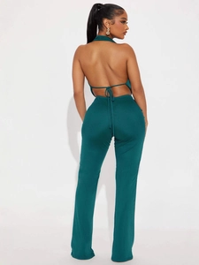 Sexy backless halter neck set with slim fit flared trousers in dark green fabric