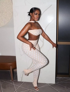 Ensemble Deux Pièces Sexy Licou Dos Nu Imprimé à Pois pour Femme Coupe Slim Haut et Bas Tenue de Soirée Streetwear