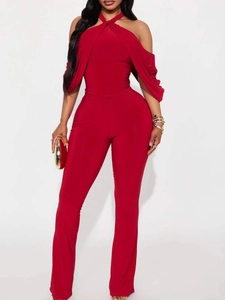 Sleek red halter neck jumpsuit with off-shoulder long sleeves and slim fit design
