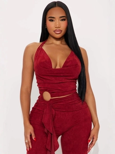Women Halter Neck Cut Out Jumpsuit Wide Leg Metal Ring Decor Solid Color Sleeveless Top And Bottom For Party Streetwear