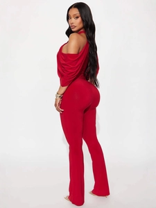 Elegant red one-shoulder bodycon jumpsuit with slim fit and flared leg design