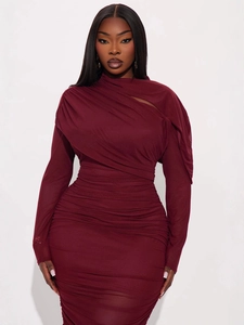 Abito Lungo Sexy Arricciato da Donna Manica Lunga Cut Out Bodycon Slim Fit Mesh per Feste Serali Nightclub Vestito Lungo