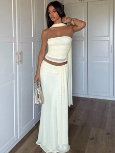 Women Sexy Tube Top And Long Skirt And Scarf Pleated Solid Color Sleeveless Strapless Nightclub Party Outfits Creamy White