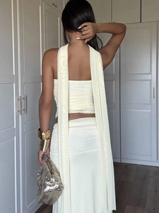Three-piece sexy cream off-shoulder top and maxi skirt set with long neck scarf detailing