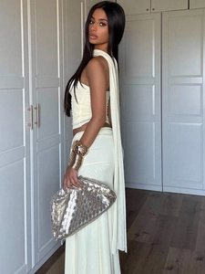 Three-piece sexy cream pleated tube top with long skirt and matching scarf set