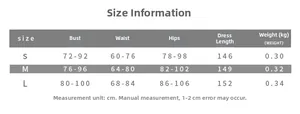 Size guide table for women's low-cut bodycon maxi dress with bust and waist measurements