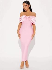 Pink off-shoulder bodycon dress with large satin bow accent for an elegant evening look