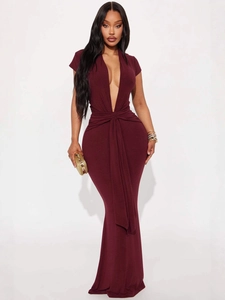 Robe Longue Sexy pour Femmes Col en V Profond Manches Courtes Plissée Ajustée Taille Nouée Bodycon Élégante Soirée Longueur Sol