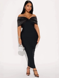 Elegant black off-shoulder bodycon long dress with a large satin bow accent for formal events
