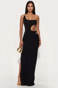 Detail of sexy black one-shoulder dress with side cutout and high split leg design