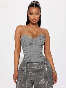 Haut Tube Corset Sexy à Lacets pour Femmes Streetwear Crop Top Baleiné Sans Bretelles Froncé Ajusté Gilet de Fête