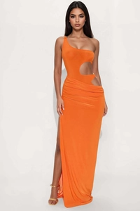 Detail of the one-shoulder orange evening gown with waist cutout and a high side slit
