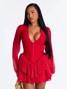 Women Sexy Deep V Neck Long Sleeve Mini Dress Corset High Waist Ruffle Tiered Skirt Solid Color Elegant Party Evening Dress