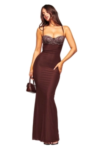 Close-up of elegant leopard print lace拼接 slim fit long dress with mermaid hemline