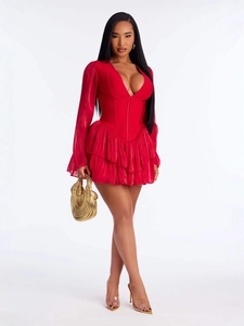 Elegant red V-neck long sleeve mini dress with ruffled skirt and corset waist design