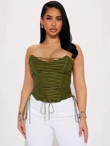 Haut court corset sexy vert armée avec laçage frontal et coupe ajustée style baleines