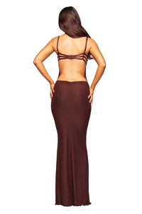 Detail of deep brown backless maxi dress featuring triple-row buckle strap and mermaid tail