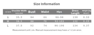 Detailed size chart for V-neck sleeveless slit dress including bust and waist measurements