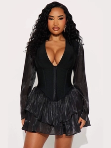 Elegant black V-neck mini dress with corset waist and tiered ruffle hemline
