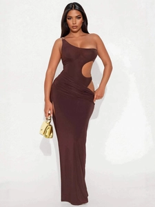 Chocolate brown one-shoulder maxi dress with waist cutout and high side slit