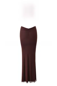 Detail of dark chocolate two-piece set with multi-strap back top and ruched maxi skirt