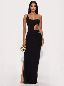 Elegant black one-shoulder midi dress with waist cutout and side slit detailing