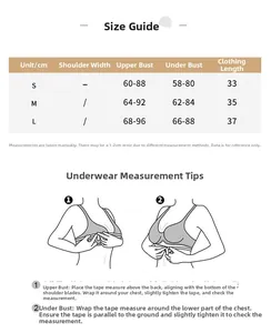 Size guide chart for thin strap yoga bra with bust and length measurements in centimeters
