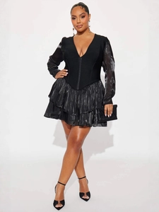 Elegant black V-neck long sleeve mini dress with ruffled hem and slim waist design