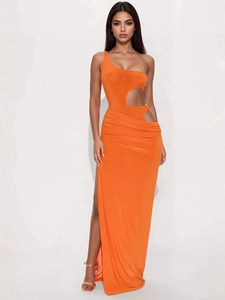Slim fit bright orange one-shoulder maxi dress with side slit and gold hardware