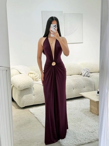 Elegant deep purple halter maxi dress with deep V-neck and golden waist ring detail