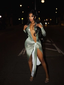 Elegant mint green metallic V-neck maxi dress with high slit and waist knot detail