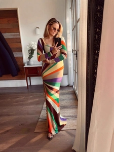 Women Sexy Rainbow Stripe Print Long Sleeve Maxi Dress Slim Fit Bodycon Wrap Hip Elegant Evening Party Dress
